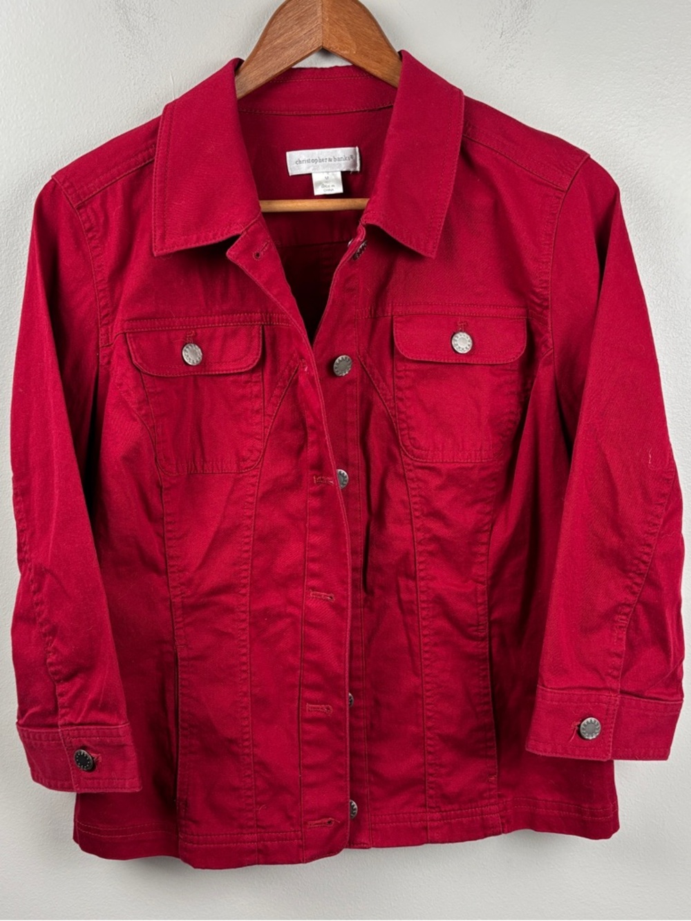 Christopher & Banks Deep Red Cotton Jean Jacket Medium button up classic 38” - Picture 1 of 9